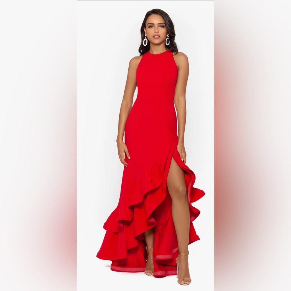 Betsy & Adam Ruffle Halter Crepe Gown